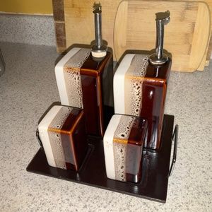 Vintage Pier 1 5PC. Set Tray, Salt And Pepper Shakers, Oil and Vinegar Container